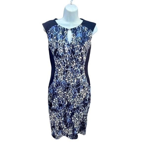 CACHE Stretch Sheath Dress Mini Blue Black Animal Print Sleeveless Size Small - Picture 1 of 7